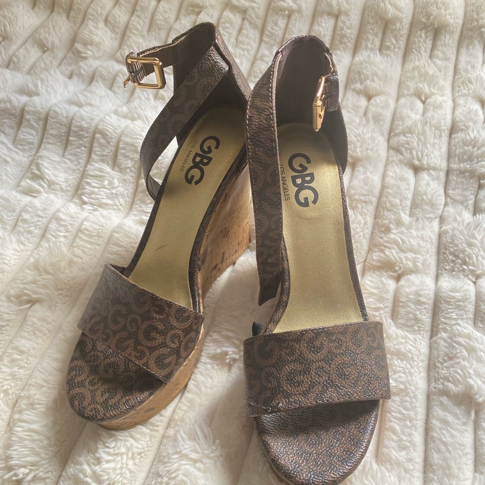 USED GBG LA Brown Wedge Heels w/ Ankle Strap